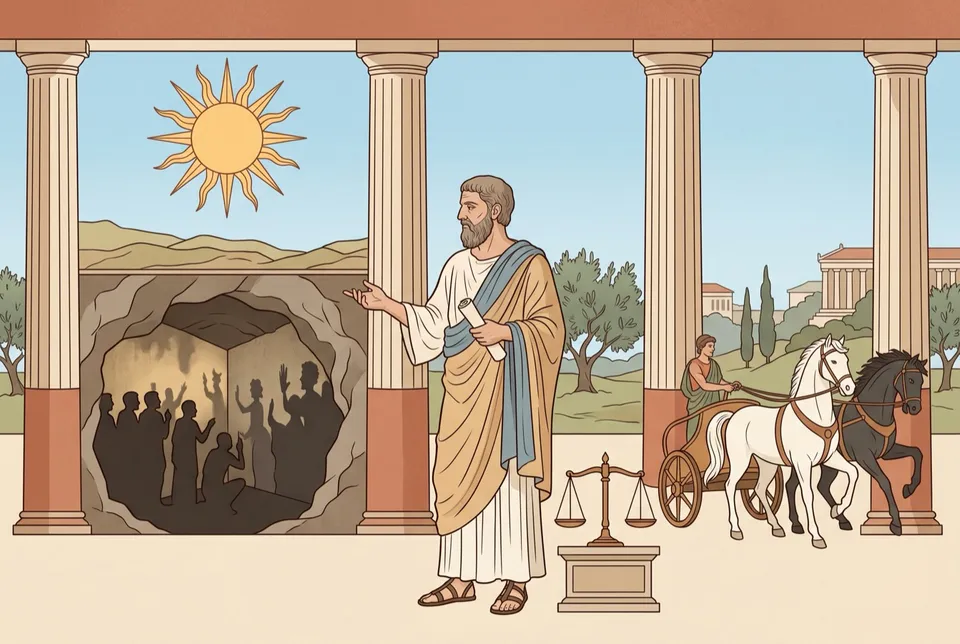 Illustration of Plato in a colonnade gesturing towards a cave of shadowed figures, with a bright sun, a pair of scales and a two-horse chariot nearby