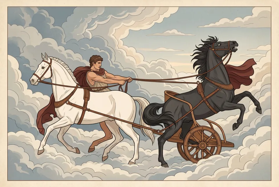 Illustration of a charioteer among clouds struggling to control a calm white horse and a rearing black horse