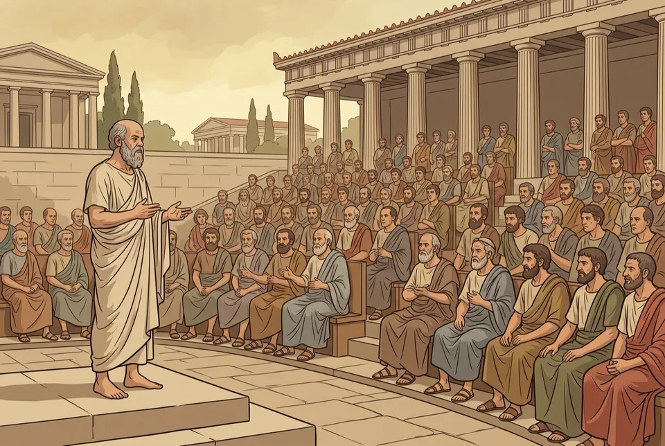 Illustration of an old, barefoot Socrates standing to address a large jury of Athenian men seated in an open-air court