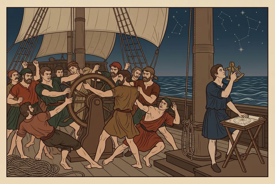 Illustration of sailors brawling over a ship's wheel at night while a lone navigator ignores them and studies the stars