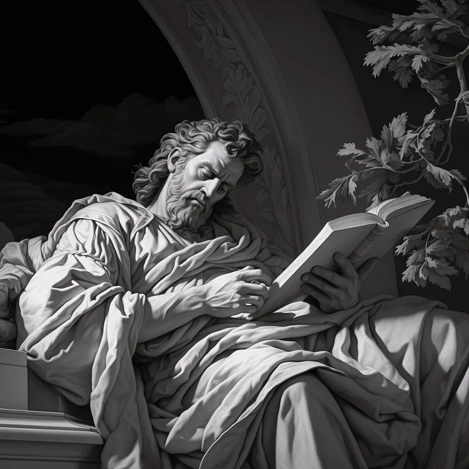 Black-and-white drawing of a bearded philosopher in heavy robes reclining as he reads a book beneath an arch