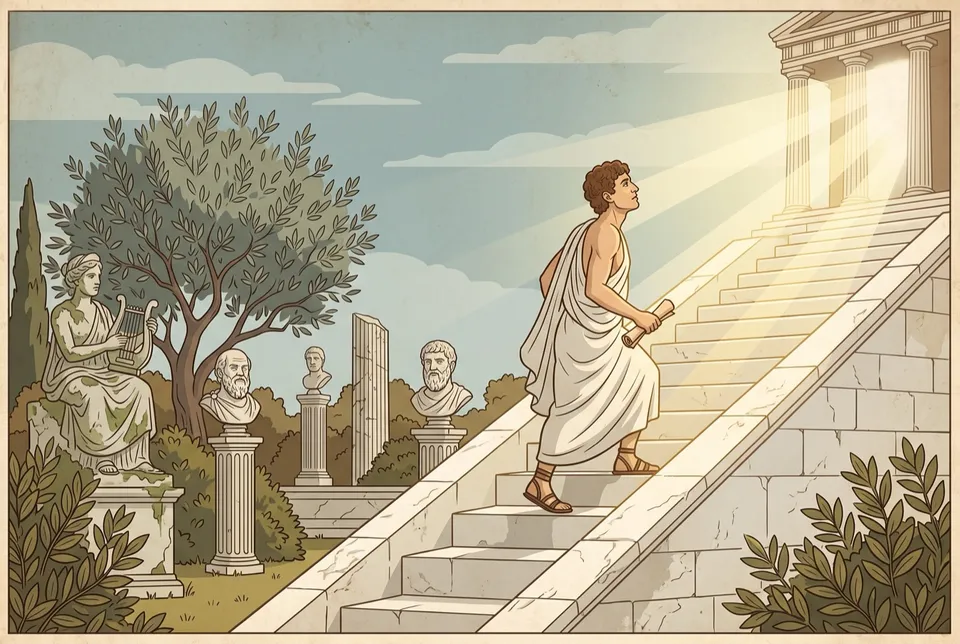 Illustration of a young man climbing a marble staircase past statues in a garden towards a radiant light at the top