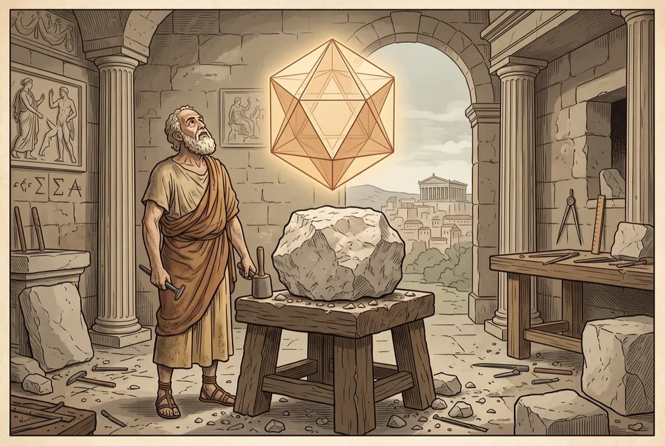 Ilustración de un viejo escultor que alza la vista desde un bloque de piedra tosca hacia una forma geométrica luminosa que flota sobre él