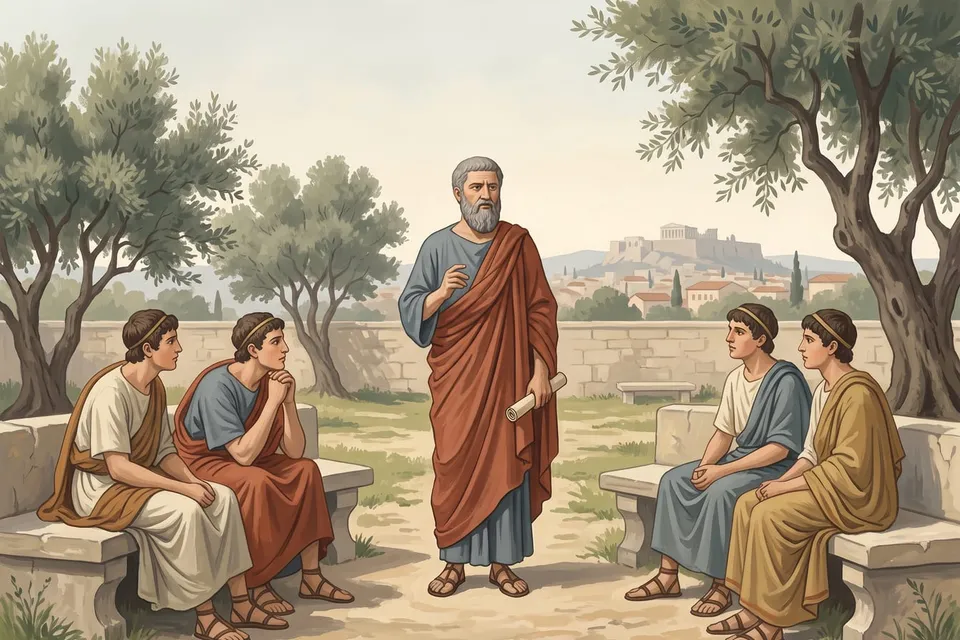 Neoclassical painted illustration of Plato teaching in the grove of the Academy, students seated around him