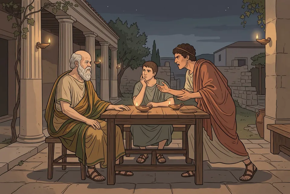 Illustration of an intense young Athenian leaning across a lamplit table to challenge a calm Socrates while another youth listens